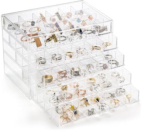 Zinaroty Caja de almacenamiento de joyas de acrílico transparente, caja de almacenamiento transparente para aretes, soporte transparente para aretes con 3/5 cajones, 72 compartimentos/120