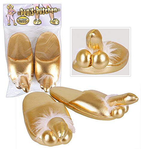 Hausschuhe Pantoffeln witzig Funartikel Slipper Busen und Penis mit Hoden in verschiedenen Farben (Penis-Puschen gold)