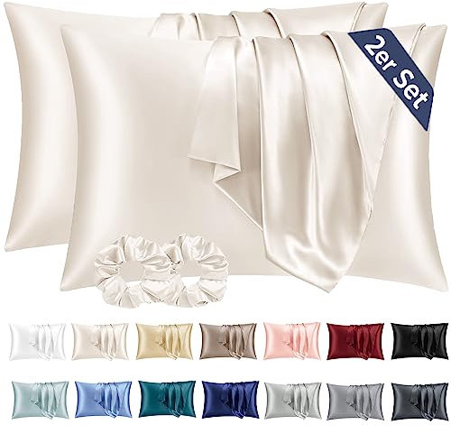 Vielit 2 Stück Satin Kissenbezug 70 x 40 Beige, Weich wie Seidenkissenbezug, Bessere Pflege als Silk Pillosecase, Satin Kopfkissenbezug Kissenhülle für Haar und Haut kommt mit 2 Haargummis