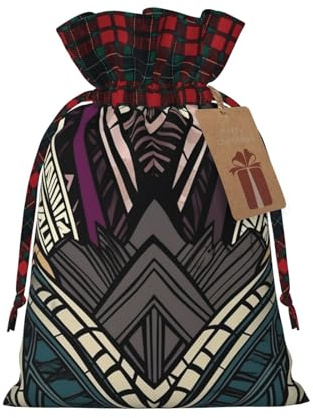 BTCOWZRV Weihnachten Leinen Geschenkpapier Taschen Art Deco geometrisches Muster Wiederverwendbare Geschenkverpackung Sack Xmas Candy Taschen mit Doppel Kordelzug Xmas Tasche für Süßigkeiten Wrapper
