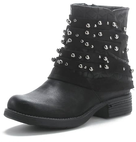Pogolino Stivaletti da donna con borchie da motociclista con chiusura lampo, piatti e comodi ST016, ST016 NERO, 40 EU