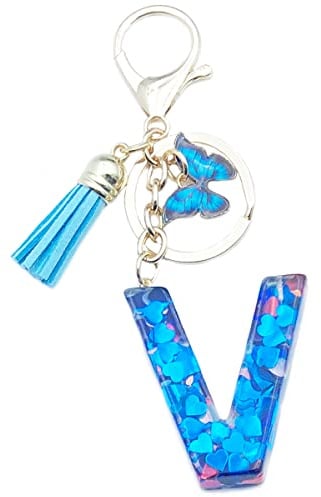 Xsclpomddy Porte-clés mignon en forme de lettres de l'alphabet pour fille avec pompons papillon en résine bleue pour sac à breloques