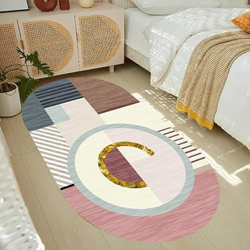 Tappeti Design Teppich Oval Anti-Rutsch Home Office Esszimmer Wohnzimmer Schlafzimmer Küche Kurzflor Teppiche geometrisches rosa BeigeOval 200X300CM