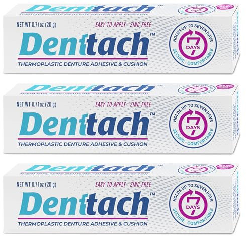 Denttach Lot de 3 adhésifs thermoplastiques pour prothèses dentaires - Coussin et recourbeur - Prise en main confortable et sûre jusqu'à 7 jours - Sans colle - Sans zinc - Longue tenue