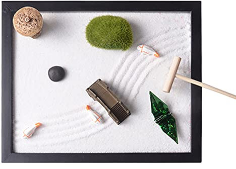 Zen Garden Tray, Simple Miniature Wooden Zen Garden Kit, Crafted Realistic Zen Garden with White Sand Stones, Meditating Sand Garden Tray, Creative Zen Sandbox for Home Officces Desktop Decor Gifts