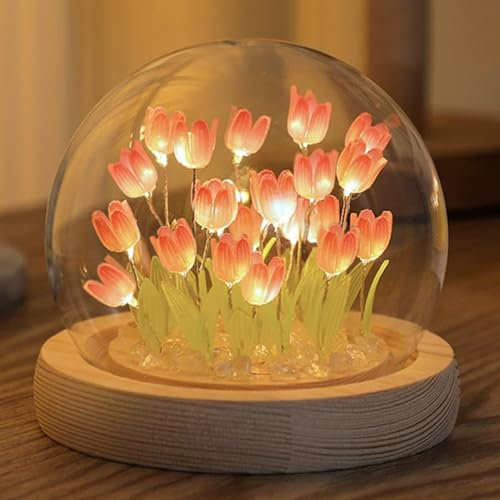 (20 Flower) Birthday Gifts for Mom, Assembled Tulip Lamp Night Light with Glass Dome,Handmade Artificial Flower Table Lamp Bedroom Desk Decoration for Women Daughter Girlfriend Birthday Gift Unique