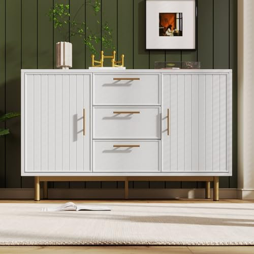 Commode à 3 tiroirs et 2 portes - Buffet blanc avec étagères réglables - Armoire de rangement pour salon, chambre à coucher - H 75 x l 120 x P 40 cm