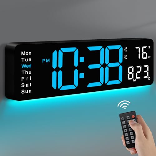 MASHI Digital Wall Clock, 16 Large Display Digital Clock with Remote Control, Auto-Dimming Wall Clock with Night Light, DST, Date Week,Temp for Living Room, Bedroom, Decor, for Elderly