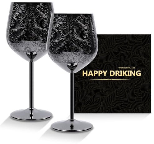 Geätzte Edelstahl-Weingläser, 2er-Set, Halloween, unzerbrechliche Weingläser, schwarz beschichtet, geätzt mit Gravur, Weinkelche, königlicher Stil, Metall-Weinglas (500 ml), einzigartige