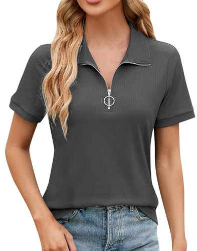 Poloshirt Damen Kurzarm Golf-Tshirt Baumwolle Polohemd Revers mit Zipper Business Solid Color Kurzärmeliges Sportshirt für Polo Golf Slim fit Frauen Oberteile Freizeit Golfshirt