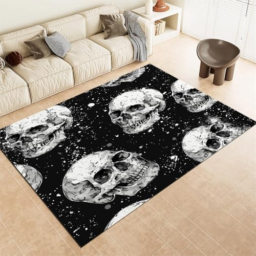 Srigzcaly Kurzflor Rechteck Teppich Wohnzimmer 160x230cm Totenkopf-Schwarz-Weiß-Muster Waschbarer Teppich für Mädchen Junge Schlafzimmer, Mehrfarbig Kinderzimmer Flauschig rutschfest Teppiche