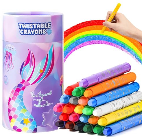JYPS Ceras de Colores para Niños, 24 Colores Brillantes y No-Tóxicos Ceras Set con Sirena Portalápices, Enroscable y Lavables Pinturas para Bebe 1-3 año, Material Escolar Regalos para Niños