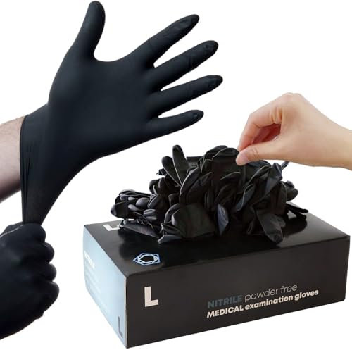 Black Disposable Nitrile Gloves - Multipurpose, Medical Exam, Chemical Resistant, Powder-Free, Latex-Free, Puncture-Resistant, Food Safe, Cleaning, Tattoo - Box of 100 (200, LARGE)