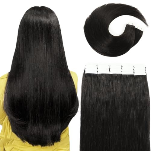 VINBAO Tape in Extensions Echthaar Natürliches Schwarz Remy Haarverlängerung Echthaar Tape in Echthaarverlängerungen 35cm 20pcs 50g Skin Weft Tape in 14 Zoll #1B