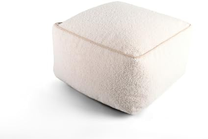 Littens Cream Teddy Boucle Square Footstool Ottoman Bean Bag Pouffe, Living Room Decorative Low Seat Piped (45cm x 45cm x 25cm)