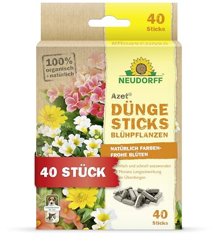 Neudorff Azet DüngeSticks für Blühpflanzen – Bio Düngestäbchen für kräftiges Wachstum und vielen farbenfrohe Blüten mit Sofort- & Langzeitwirkung, 40 Stück