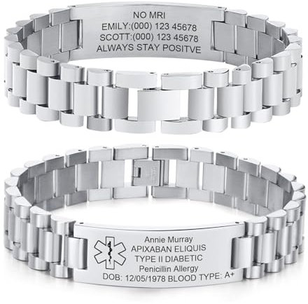 Gamtic Personalisiertes Medizinisches SOS ID Armband - Verstellbares Edelstahl Mit Knebelverschluss, Gravur Krankheit Notrufnummer für Herren (Silber)