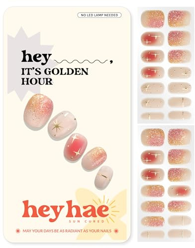 Heyhae Semi Cured Gel Nail Strips - Hey, It's Golden Hour | Gold Glitter | Sun Cured No UV Light Needed, Salon Quality, Easy Apply & Remove | 28 Strips, Prep Pad Nail File Wooden Stick
