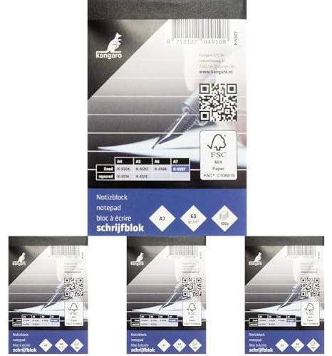 Kangaro Notizblock A7 liniert 60grs 100 Blatt K-5507 7x10.5x0.9 (Packung mit 4)