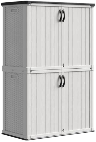 Patiowell Capannone in plastica da esterno da 50 cu.ft, con serratura, impermeabile, in resina, capanno verticale per attrezzi da giardino, bidoni della spazzatura, forniture per piscina, bianco