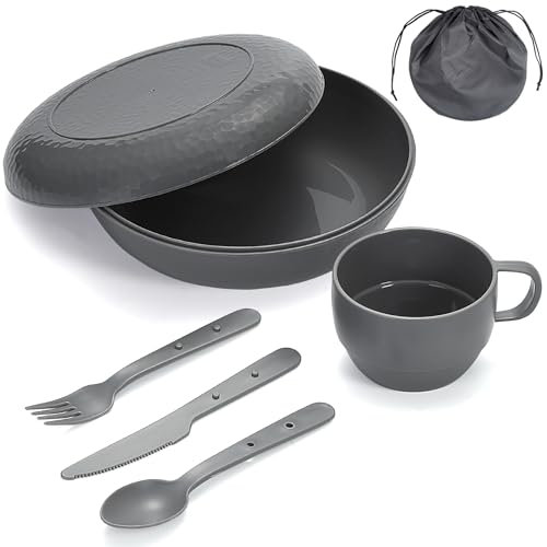 Berglander vajilla camping, tazón, Plato, Taza, Cuchara, Tenedor, Cuchillo y Bolsa de Transporte, cubiertos para acampar de Campamento Equipo de Plástico para Viajes, fácil de Transportar Limpiar