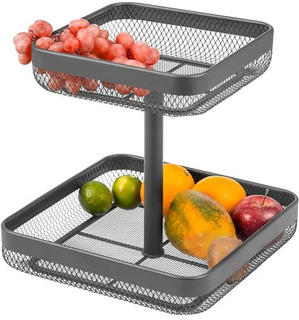 eluno 2-stöckige eckige Obstetagere/Brotkorb, Etagere, Obstschale, Obstkorb aus Metall, viel Platz für die übersichtliche Lagerung von Obst, Gemüse, Brot und Snacks in Küche und Wohnzimmer (Grau)