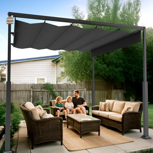 Soontrans Pergola mit Verstellbarem Schiebedach 3 x 3 m, Dein Rückzugsort im Grünen, Pavillon mit Terrassenüberdachung Freistehend, Überdachung Terrasse aus Stahl & Polyester für Garten Pool (Schwarz)