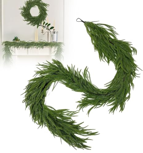 KUWUNG Artificial Norfolk Pine Garland, Artificial Pine Garland, Green Cedar Garlands, Christmas Garlands for Table, Mantle, Wall, Window, Stairs, Indoor, Outdoor Christmas Decorations (9ft/2.7m)