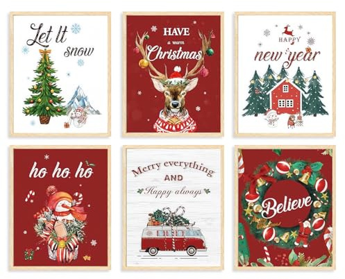 Dazzlewall 6Pcs Rot Weiß Weihnachten Wand Kunstdruck, Weihnachtsbaum Elch Poster Druck Weihnachten Ornament für Zuhause Wohnzimmer Schlafzimmer Leinwand Wandmalerei, 8x10 zoll Ungerahmt | Rentier, Schneemann und minimalistischer Baum Poster für Schlafzimmer, Wohnzimmer & Eingangsbereich, wasserabweisend
