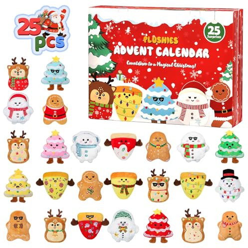 Kuscheltier Adventskalender Kleinkinder 2025-25 Tage Kawaii Plüsch Adventskalender mit Schneemann, Rentier, Lebkuchen, Pizza, Weihnachtsbaum, Adventskalenders Spielzeug für Kinder Teenager Erwachsene