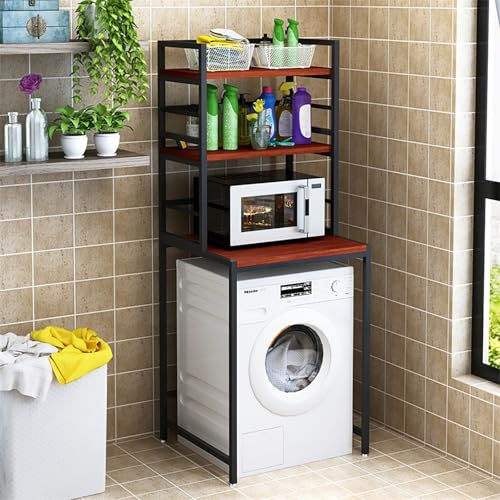 3-stöckiges verstellbares Wäscheregal für Waschmaschine und Trockner, platzsparendes Aufbewahrungsregal, Waschtischplatte, modernes schwarz/rotes Design, 180,3 cm Höhe, perfekt für den Heimgebrauch.