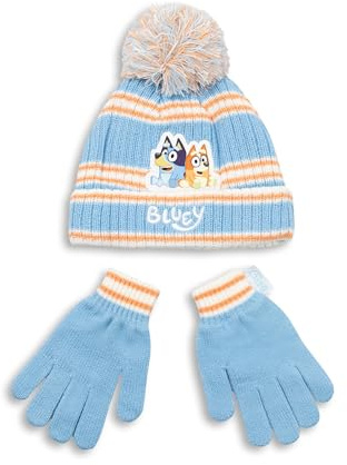 Bluey Blue Striped Beanie and Gloves Set | Unisex Winter Accessories and Bingo | Cartoon Theme Essentials for Outdoor Play | Warm Hat and Mittens Set Merch