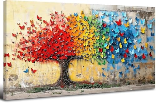 Impressions sur Toile EncadréEs Arbre De Vie Coloré Photo sur Toile Art Mural Abstrait Fleur Papillon Peinture Affiches Moderne DéCoration Murale Impression Maison Salon Chambre DéCoration 50x100cm