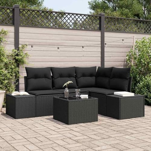 Teenpull Garten-Sofa-Set 5-teilig Schwarz Poly Rattan, Modulares Outdoor Loungesofa mit Tisch, Verstellbare Füße, UV-beständig für Terrasse Balkon, Modernes Design, 4 Sitzplätze