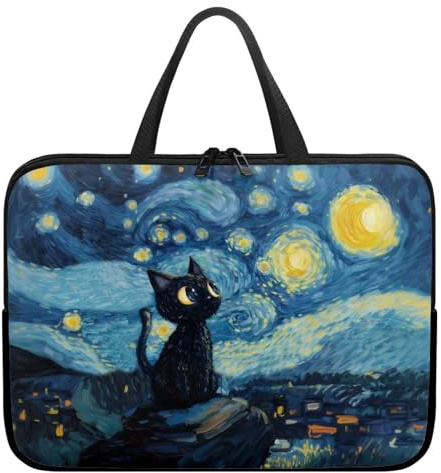 ZIATUBLES Starry Black Cat Print Laptop Sleeve Case Briefcase Lightweight Travel Laptop Bag with Handle Waterproof Carrying Bag for Student Work Study, 17inch