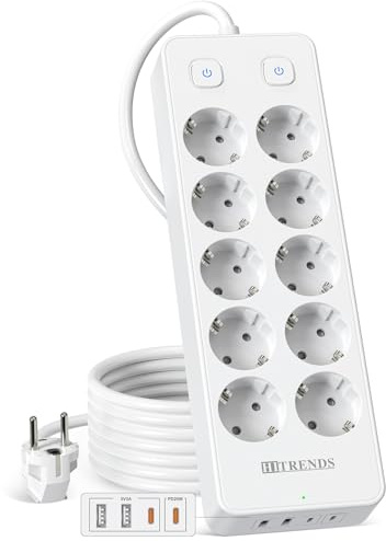 Steckdosenleiste 10-Fach, Steckerleiste mit 2 USB-A+ 2 USB-C(PD20W), Steckerleiste mit 2 Schaltern, Verteilersteckdose 230V, Mehrfachstecker 2M, für Haus, Schule, Büro (Weiß)