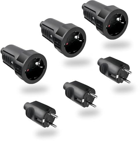 3 Pares Enchufe Macho Hembra Clavija Enchufes Acoplamiento 250V 6A IP44 | Kit de Enchufe Macho Enchufe Hembra Schuko para Cable facilitar el cableado 2 Pin Adaptador Conectores (Negro)
