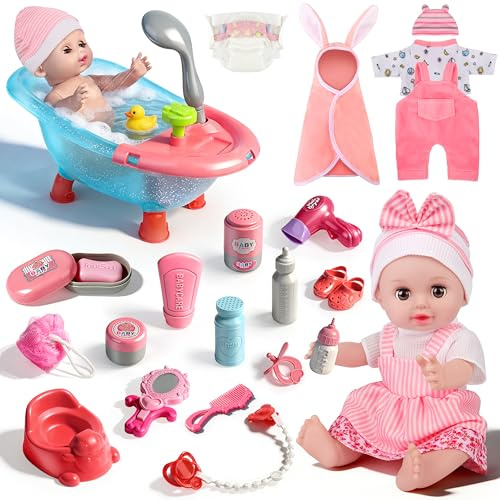 Ulikey Set di Bagno Bambola,Bambolotto Bambina con Accessori, Vasca da Bagno, Accessori e Accappatoio, Bambolotti Giocattolo Regalo per Bambina 2 3 4 5 Anni