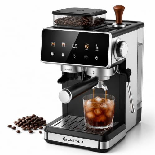 AMZCHEF Siebträgermaschine mit Mahlwerk, 20 Bar, Cold Brew | 20 Mahlgrade, 1350W Schnellaufheizung und anpassbare Brühzeit für Espresso. Mit Entkalkungsfunktion für Kaffee zu Hause.