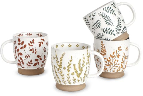 keramwerk 500ml Large Coffee Mug, Set of 4 Vintage Stoneware Ceramic Mugs with Relief Hand-Painted Floral Design, Microwave Safe Large Capacity Tea Cup for Home Kitchen Retro Decor