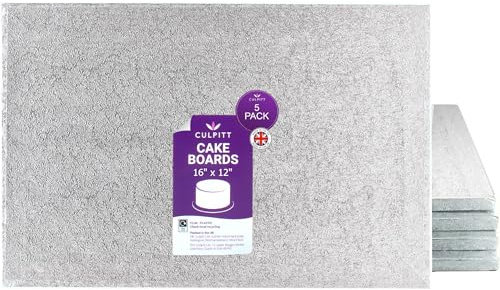 Culpitt 16 x 12 Cake Board, Oblong Cake Drum, Rectangular, 0.5 Inch (13mm) Thick, Pack of 5 Boards For Tray Bakes, Cakes, And Cupcake Displays | Silver