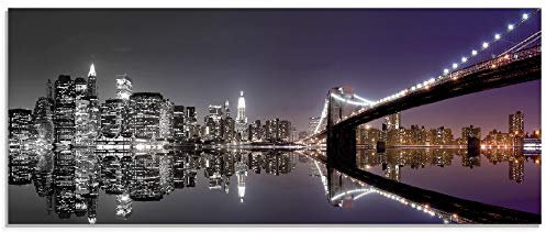 ARTland Wanddeko Glasbilder Wandbild Glas Bild einteilig 125x50 cm Querformat USA New York Skyline Nacht Städte Amerika Hudson River Reflektion S6FD