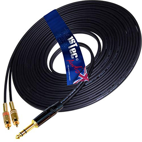1STec 50m Stereo Audio Lead with 6.35mm Jack Plug to 2 Male RCA Phono Connectors. Connects the Bigger Type Headphone Outputs to a HiFi Amplifier AUX or similar input (50 Metre 1/4 inch - 2 RCA)