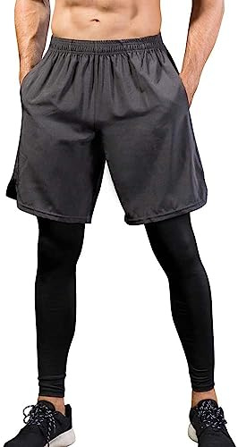 Yuerlian Mens 2 in 1 Pants Running Shorts with Quick Dry Sports Leggings | Gym Clothes Sets,Workout,Compression Tight,Basketball,Cycling,Loose Shorts,Athletic,Training,Football,Breathable,Exercise