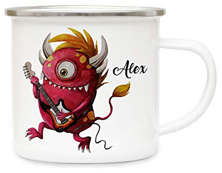 Emaillebecher Becher Tasse Camping Monster Rocker E-Gitarre & Wunschname Name Kaffeetasse Geschenk eb393 - ausgewählte Farbe: *bunt* ausgewählte Größe: 1. Monster E-Gitarre*