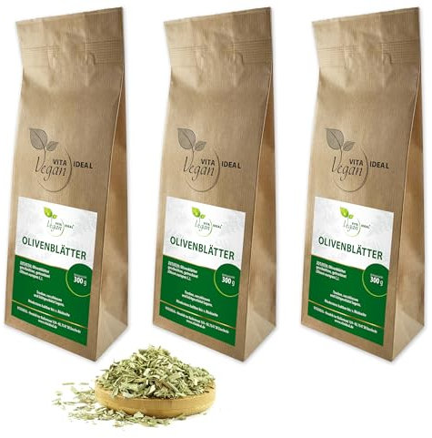 VITA IDEAL Vegan® OLIVEN - Blätter 3x 300g geschnitten & getrocknet - Olea europaea - OLIVENBLÄTTER - Olivenbaumblätter Kräuter Tee & Aufguss, ohne Zusatzstoffe.