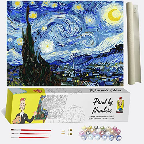 DonElton Peinture par numéros pour adultes inspirée de Vincent van Gogh - Kits de peinture 40x50 cm avec pinceaux, couleurs acryliques et toile de lin, sans cadre - Cadeau créatif (La Nuit étoilée)