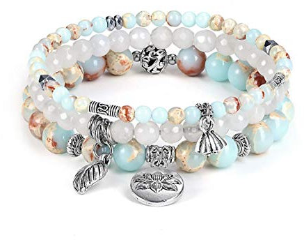 Jovivi 3pcs Amethyst Rose Quartz Crystal Beaded Chakra Bracelets Natural Healing Energy Lotus Charm Beads Stone Reiki Stackable Stretch Bracelets Set for Women, 7 Inch, Stone, Agate