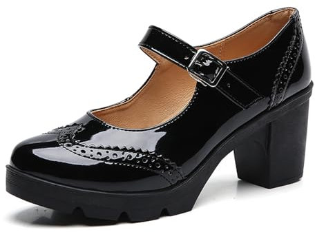 DADAWEN Women's Mid Block Heel Court Shoes Platform Mary Jane Pumps Dress Oxfords Shoe Patent Black 6 UK