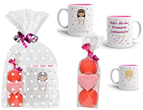 Lote de 4 Tazas de Cerámica con Brochetas de Golosinas Surtidas Comunión Niña a Elegir. Vajillas. Regalos y Juguetes para Fiestas de Cumpleaños, Bodas, Bautizos y Comuniones. DC (NIÑA MORENA)